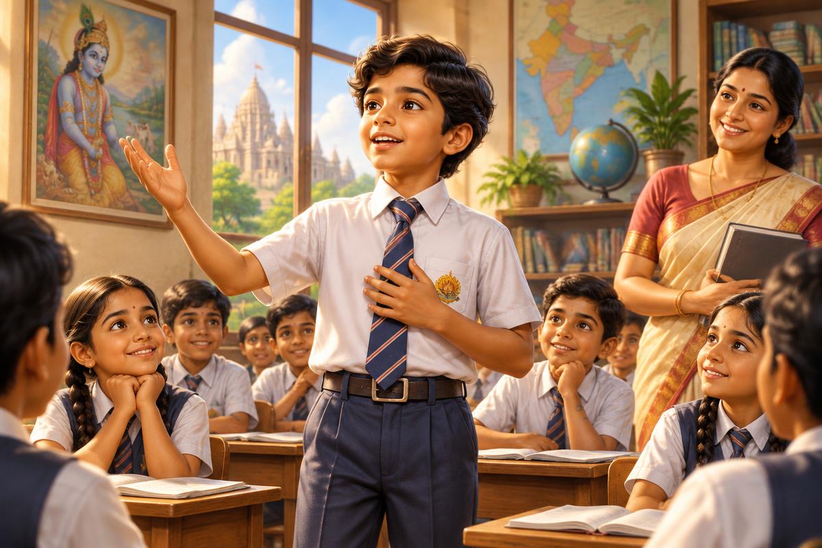 A child confidently sharing an idea with classmates