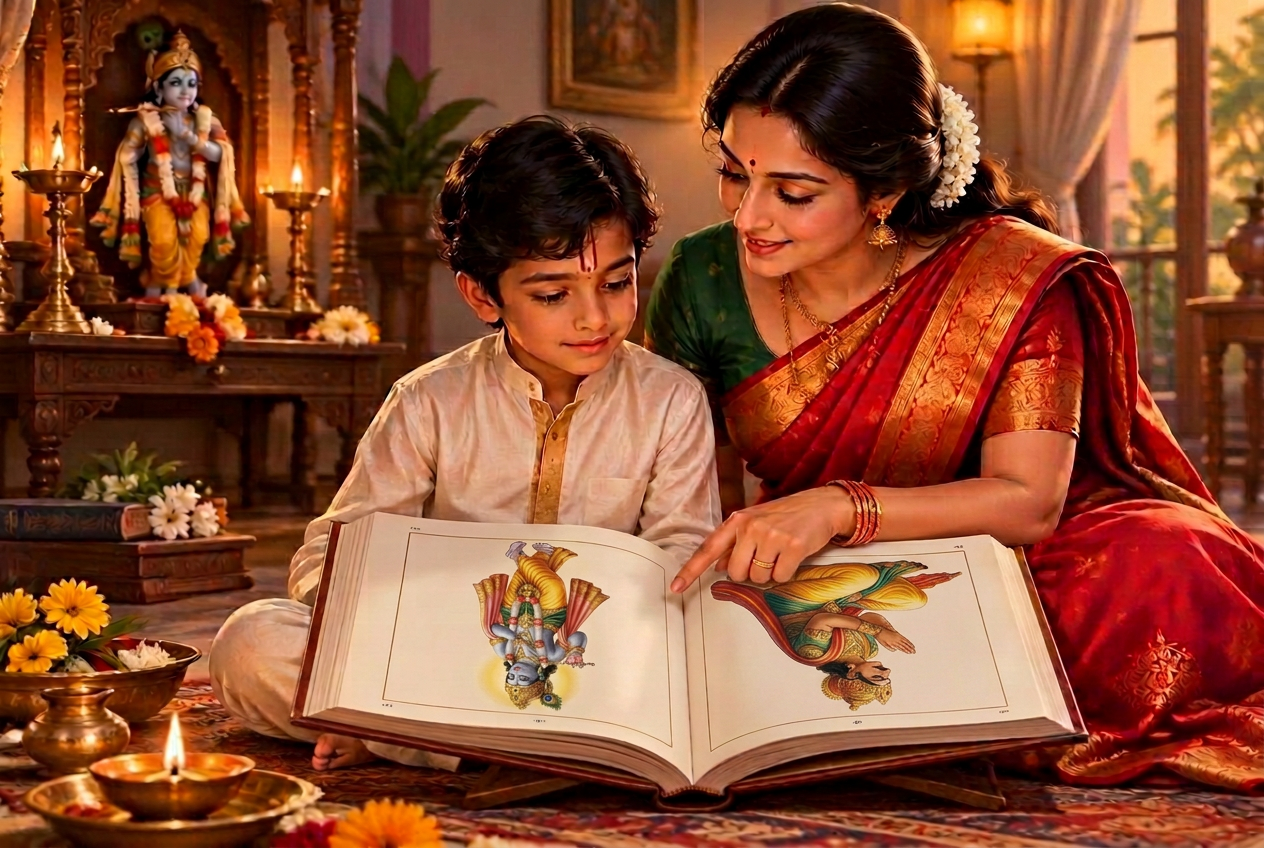 A child discussing a Gita lesson with his mother at home