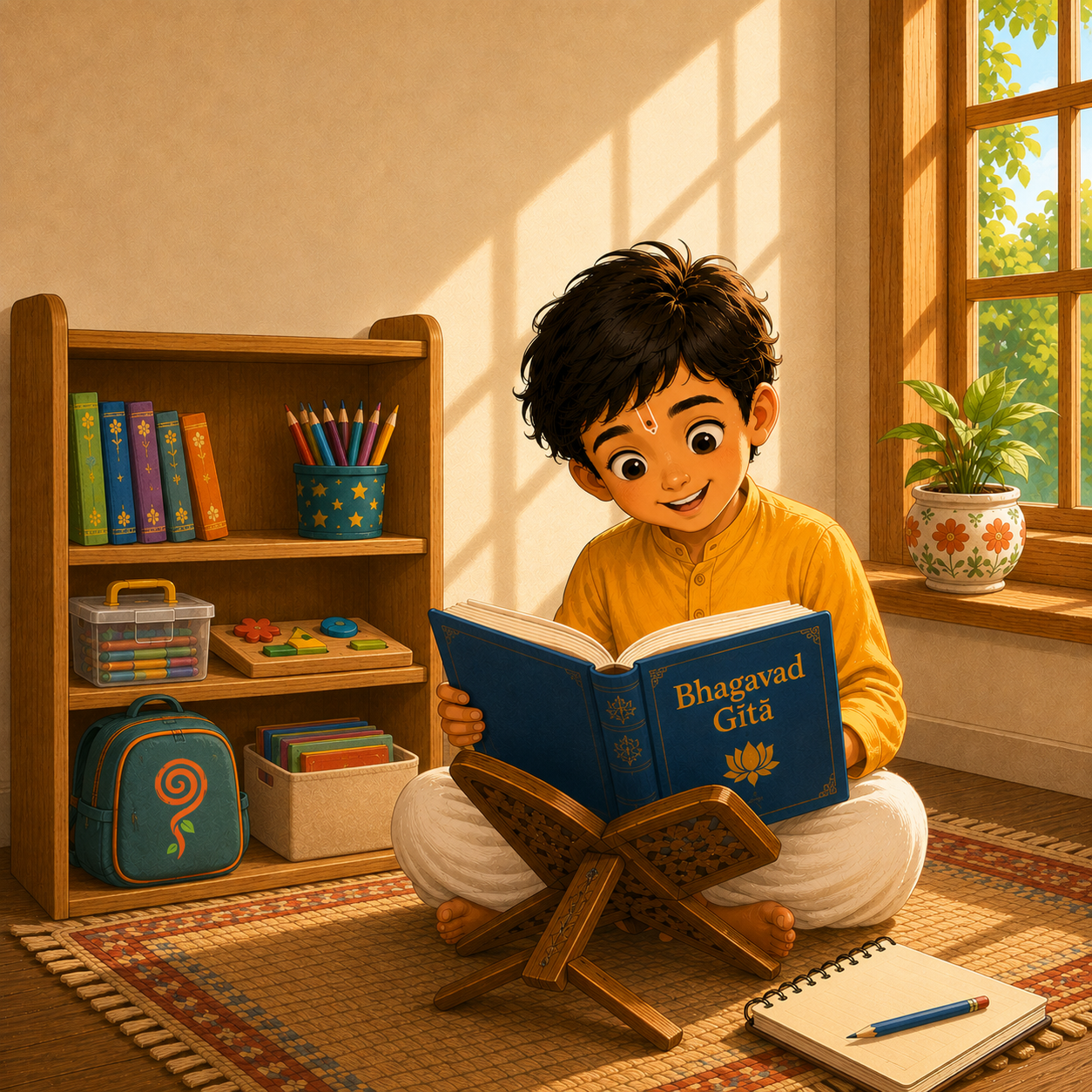A child reading the Bhagavad Gita and smiling