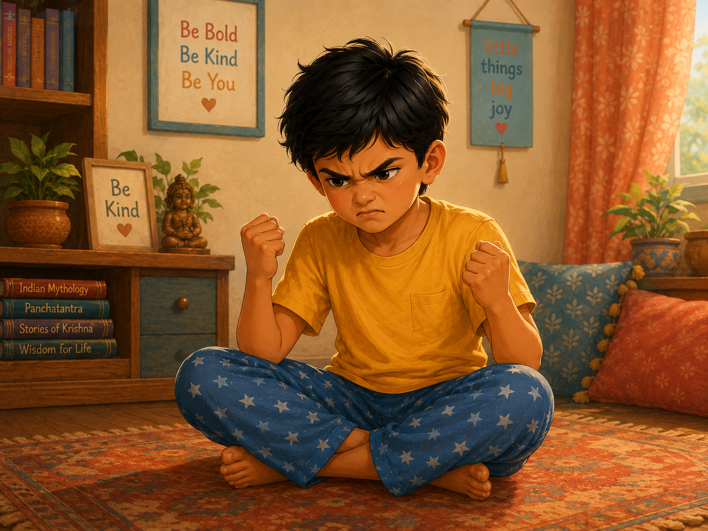 Angry child sitting cross-legged in a cozy room with fists clenched