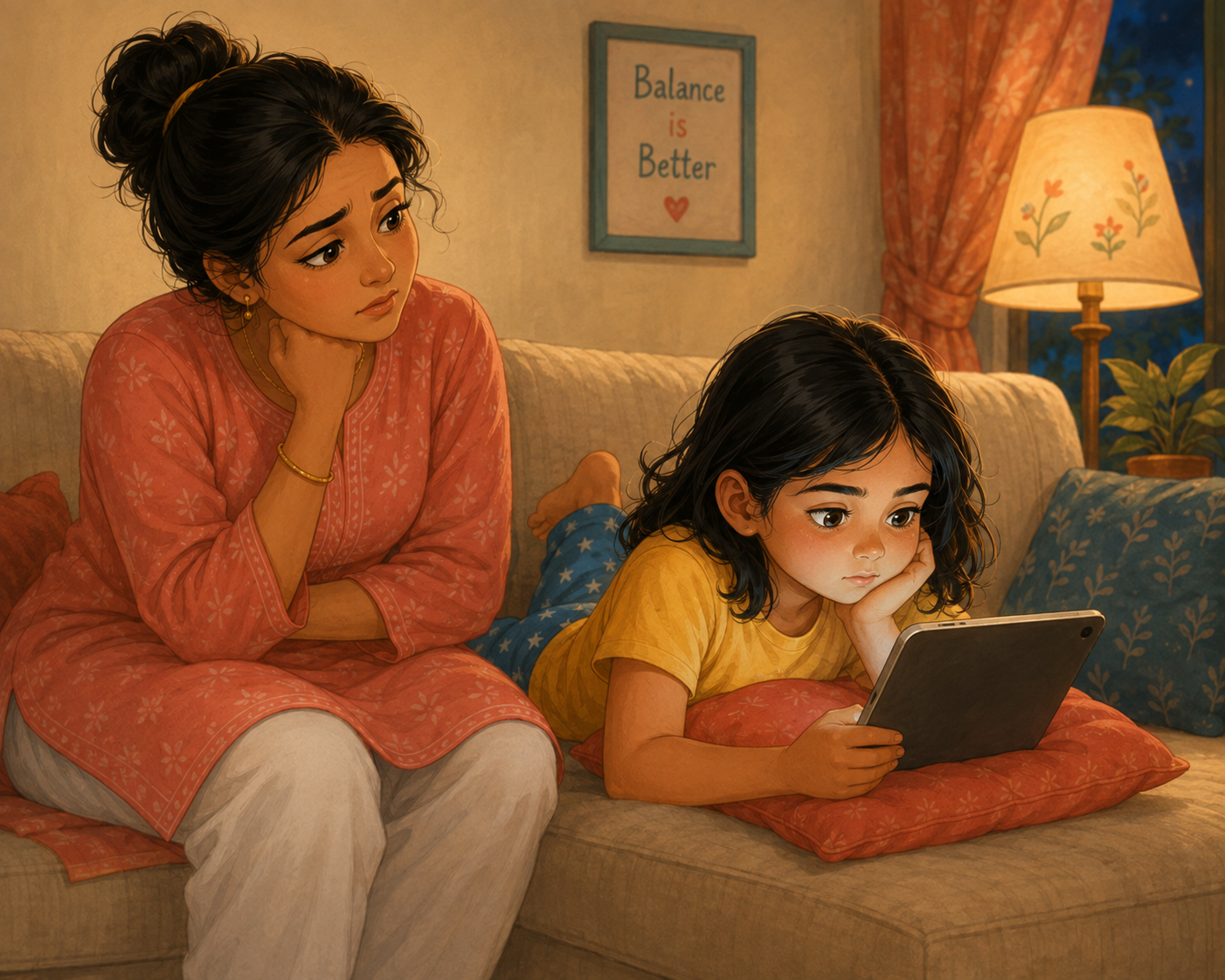 Worried mother watching child use a tablet on the couch
