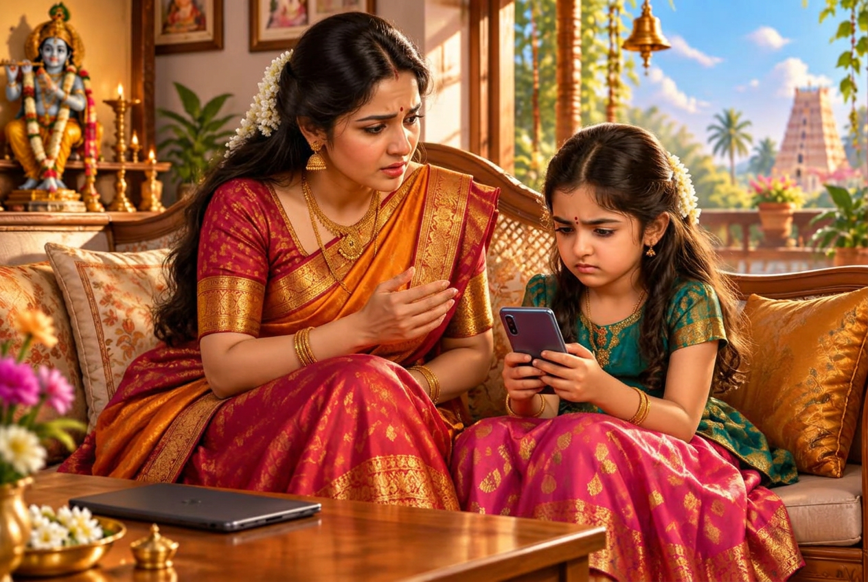 A mother looks shocked as her daughter stares at a phone, annoyed