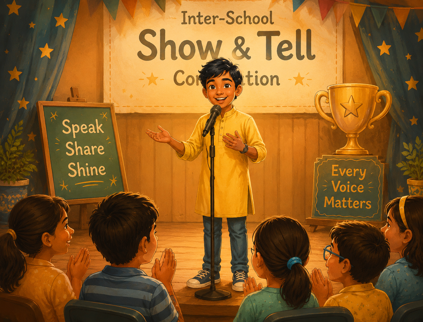 Confident child speaking at a school Show & Tell competition