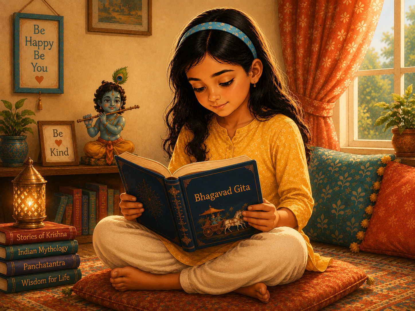 Girl reading the Bhagavad Gita in a cozy sunlit room